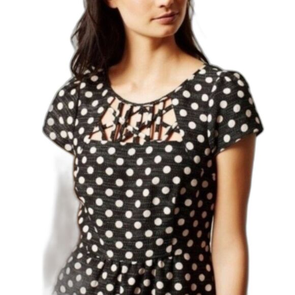 Anthropologie Maeve Nikola Black Cream Dot Print Lattice Neck SS Dress Size 12 - Picture 2 of 16
